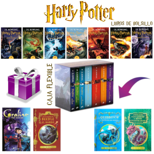 CAJA: Harry Potter 7 libros + Biblioteca Hogwarts trilogia + Regalo (Coraline)