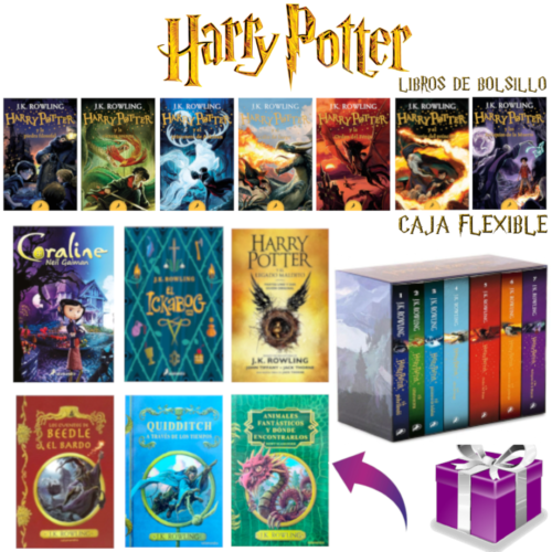 CAJA: Harry Potter 7 libros + Biblioteca Hogwarts trilogia + Ickabog + Legado maldito + Regalo (Coraline)