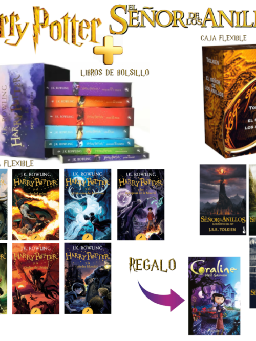 CAJA: Harry Potter 7 libros + Caja Señor de los anillos 3 libros + Regalo (Coraline)